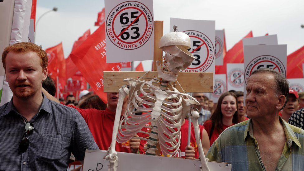 a skeleton is brought on a demonstration against pension reform