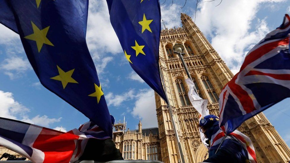 Pro-Brexit and anti-Brexit flags blow in the wind with the Houses of Parliament in London