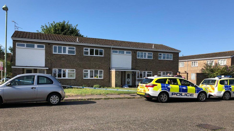 Police cars outside a home in Lowestoft, Suffolk