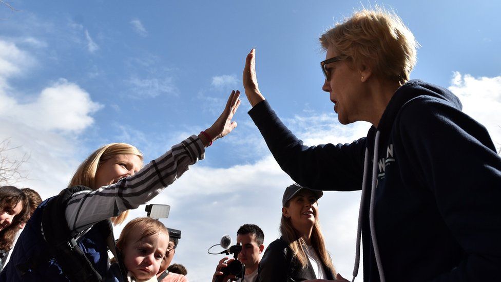 Democratic presidential candidate Sen. Elizabeth Warren (D-MA) greets supporters during a visit to a caucus site at Coronado High School on February 22, 2020 in Henderson, Nevada