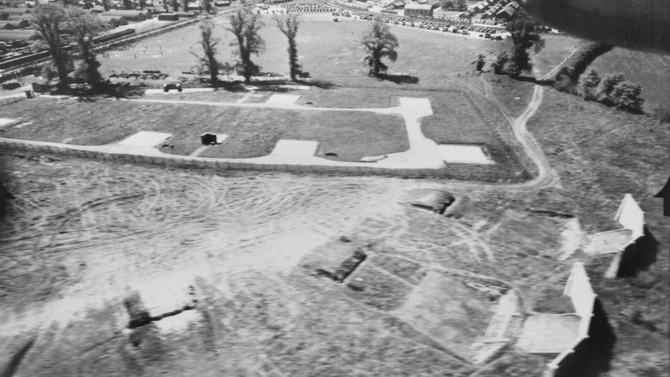 Aerial picture of US military camp, Devizes in Wiltshire, showing many huts in the distance