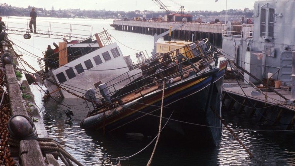The Greenpeace Rainbow Warrior vessel after it was sunk in the bay of Auckland (10 July 1985)