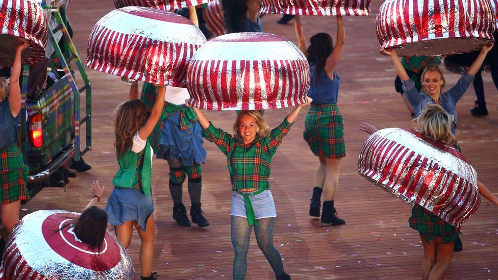 Dancing Tunnocks Teacakes at the 2014 Glasgow Commonwealth Games opening ceremony