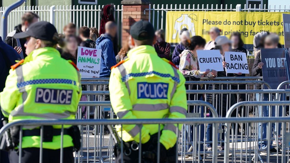 Protesters outside Aintree racecourse in 2023