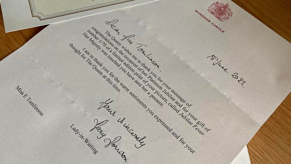 Thank you letter sent by The Queen's Lady-In-Waiting