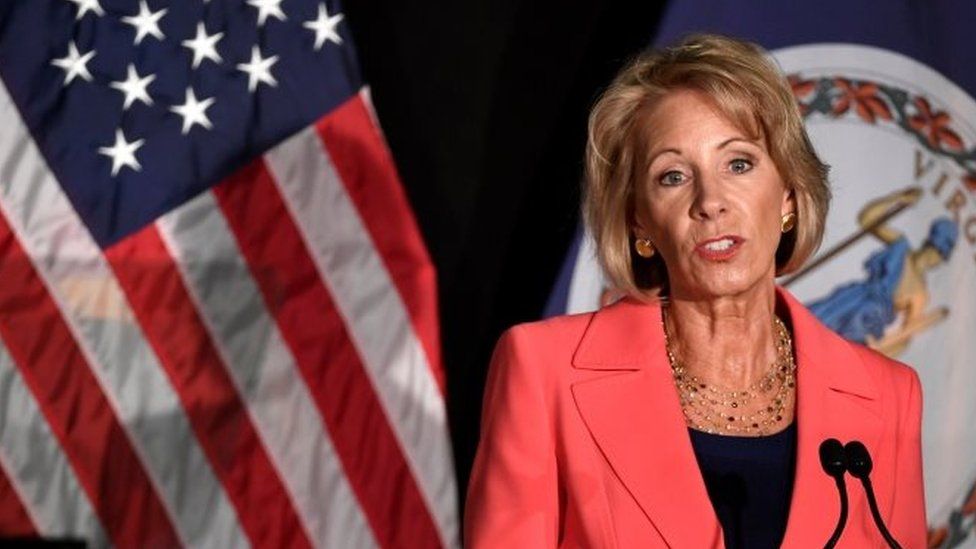 US Education Secretary Betsy DeVos speaks at George Mason University in Arlington, Virginia.