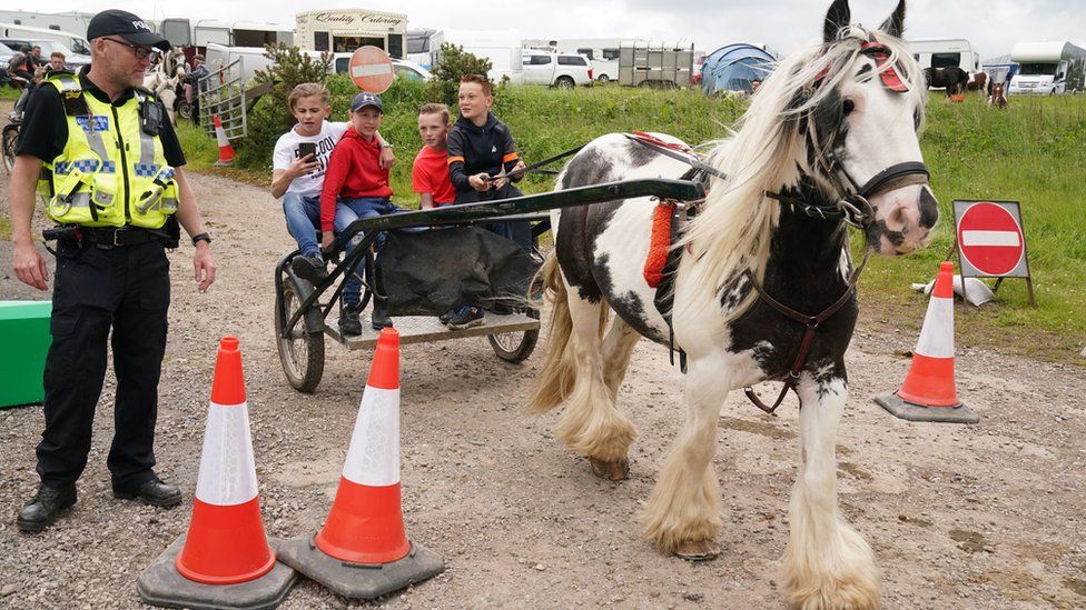 Youngsters in pony trap talk to a police officer