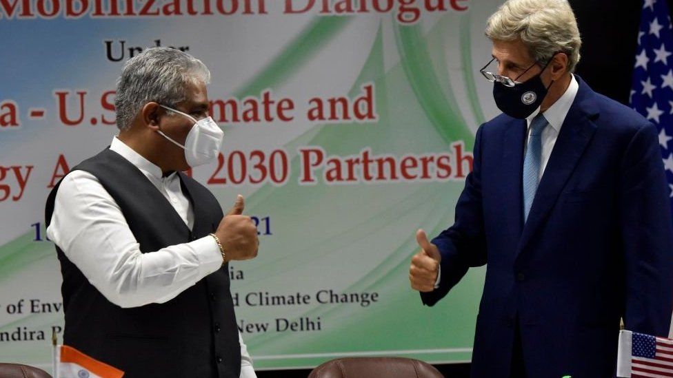Environment, forest and climate change Minister Bhupender Yadav with John Forbes Kerry United States Special Presidential Envoy for Climate at the launch of climate action and finance mobilization dialogue under India - U S , climate and clean angry agenda 2030 partnership on September 13, 2021 in New Delhi, India. J