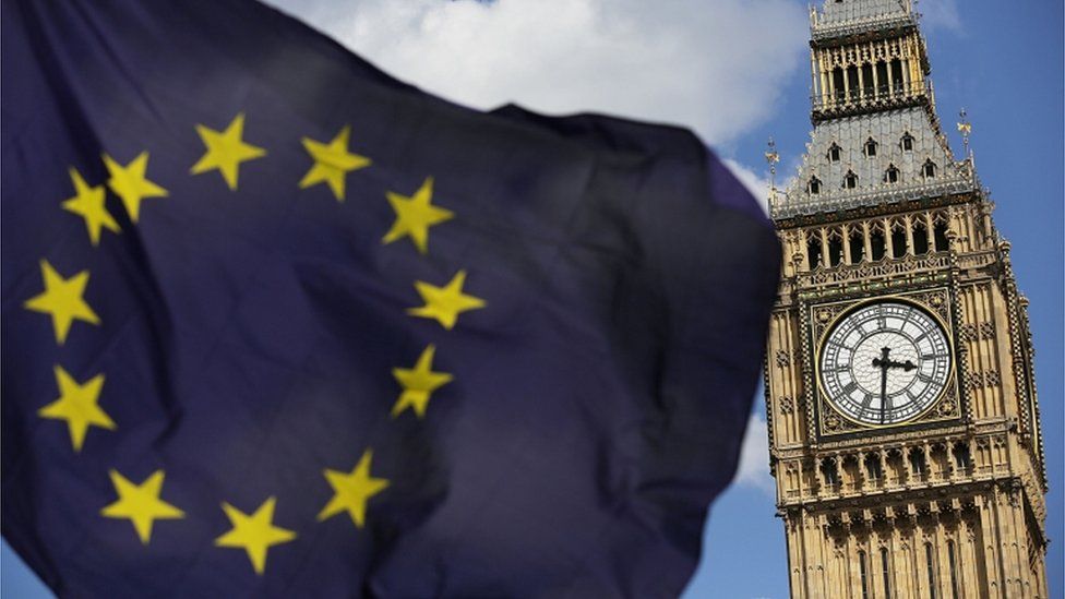 EU flag flies in front of UK Parliament