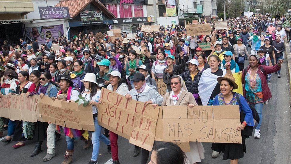 Women march through the streets of Quito to ask for peace and to repeal the economic measures taken by Lenin Moreno on October 12, 2019 in Quito
