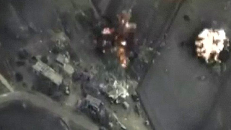 Footage released by Russia's defence ministry on 30 September shows Russian air strikes in Syria