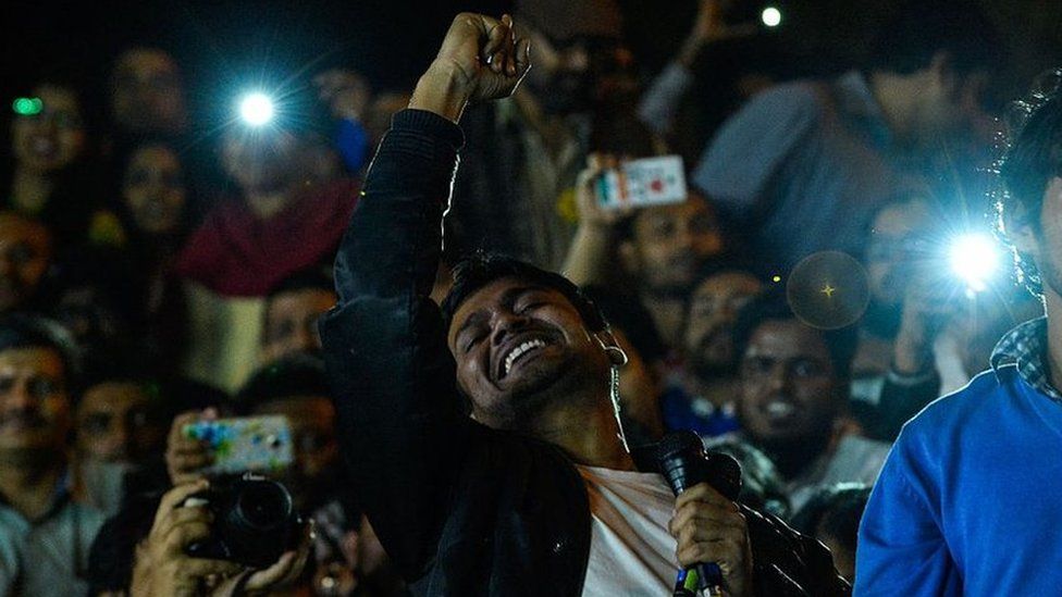 Indian student union leader Kanhaiya Kumar shouts slogans as he addresses students and activists at Jawaharlal Nehru University in New Delhi on 3 March 2016.