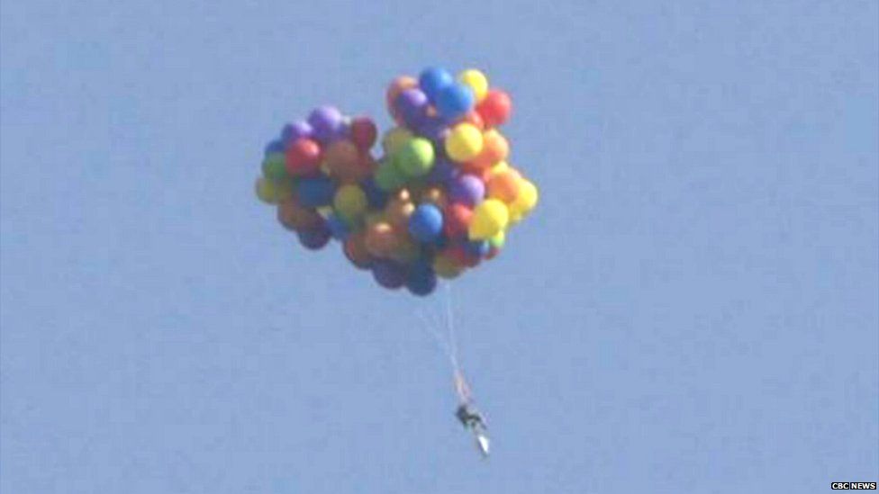 Canadian flew over Calgary in chair carried by balloons - BBC News