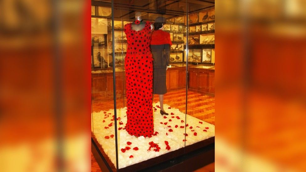 Dress made out of knitted poppies in a museum display box