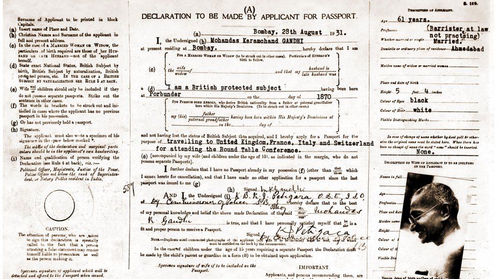 Mahatma Gandhi passport application form for his travel to Europe, India, Asia, 1931