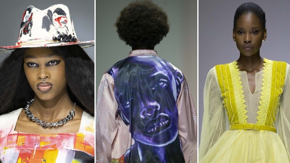 A composite of three images. The first is a woman wearing a hat and top, the second is a man wearing a shirt that has a face painted on it, the third is a woman in a yellow dress.