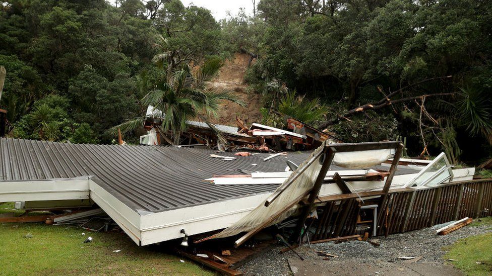 A collapsed house in Muriwai following Cyclone Gabriel. Taken on February 14