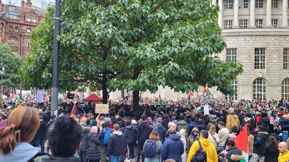 Thousands of pro-Palestine protesters have gathered for a mass demonstration in Manchester