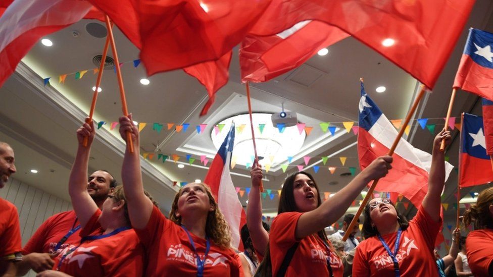 Supporters of Chilean presidential candidate Sebastian Pinera celebrate the unofficial exit poll results by waving flags