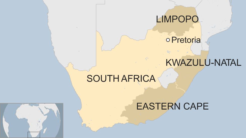 A map of South Africa showing the provinces of Limpopo, KwaZulu-Natal and Eastern Cape