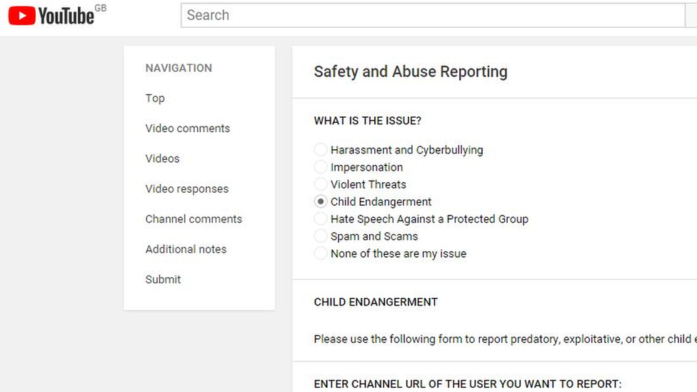 A screenshot of the form where YouTube users can report violations.