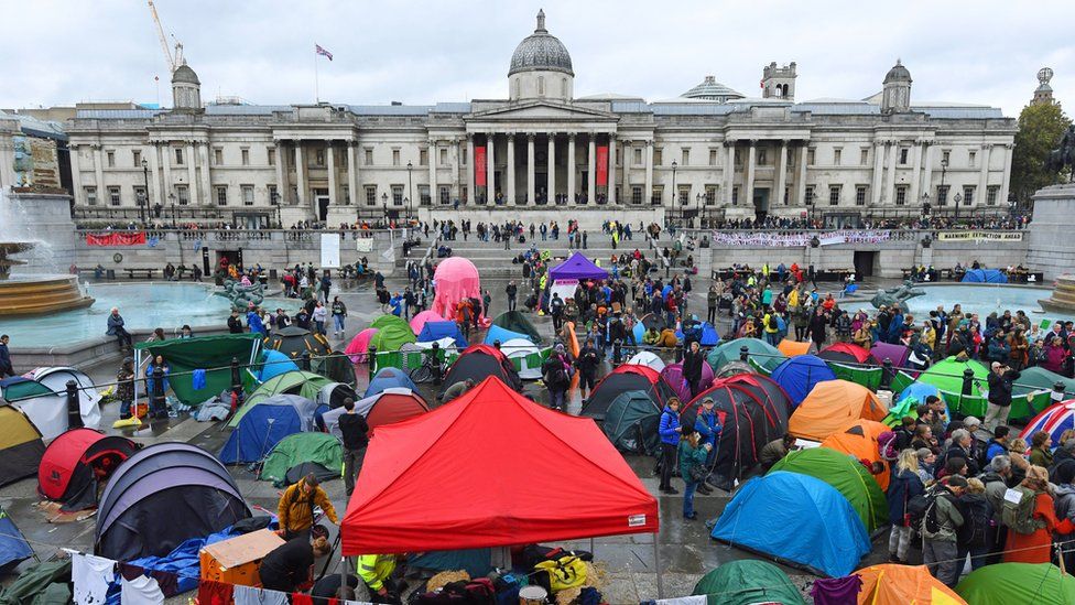 Tents in London's Trafalgar Square during an Extinction Rebellion protest
