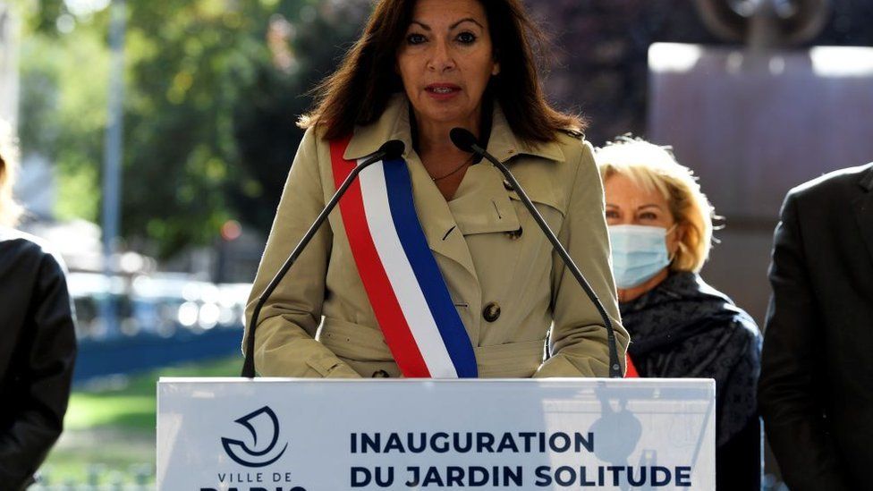 Paris Mayor Anne Hidalgo gives a speech at the inauguration of the Jardin Solitude in Paris, 26 September