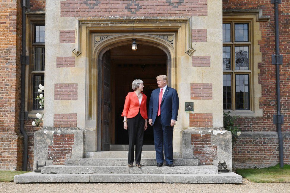 President Donald Trump and Prime Minister Theresa meet on the doorstep of Chequers in Buckinghamshire