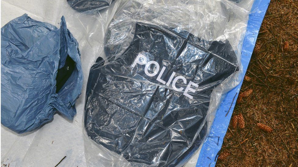 A police vest recovered from a hide in Capanagh Forest, Northern Ireland