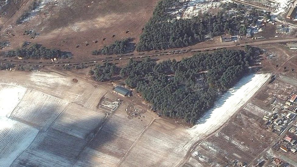 A handout satellite image made available by Maxar Technologies shows resupply trucks and probable multiple rocket launch deployment in Berestyanka, Ukraine. Photo: 10 March 2022