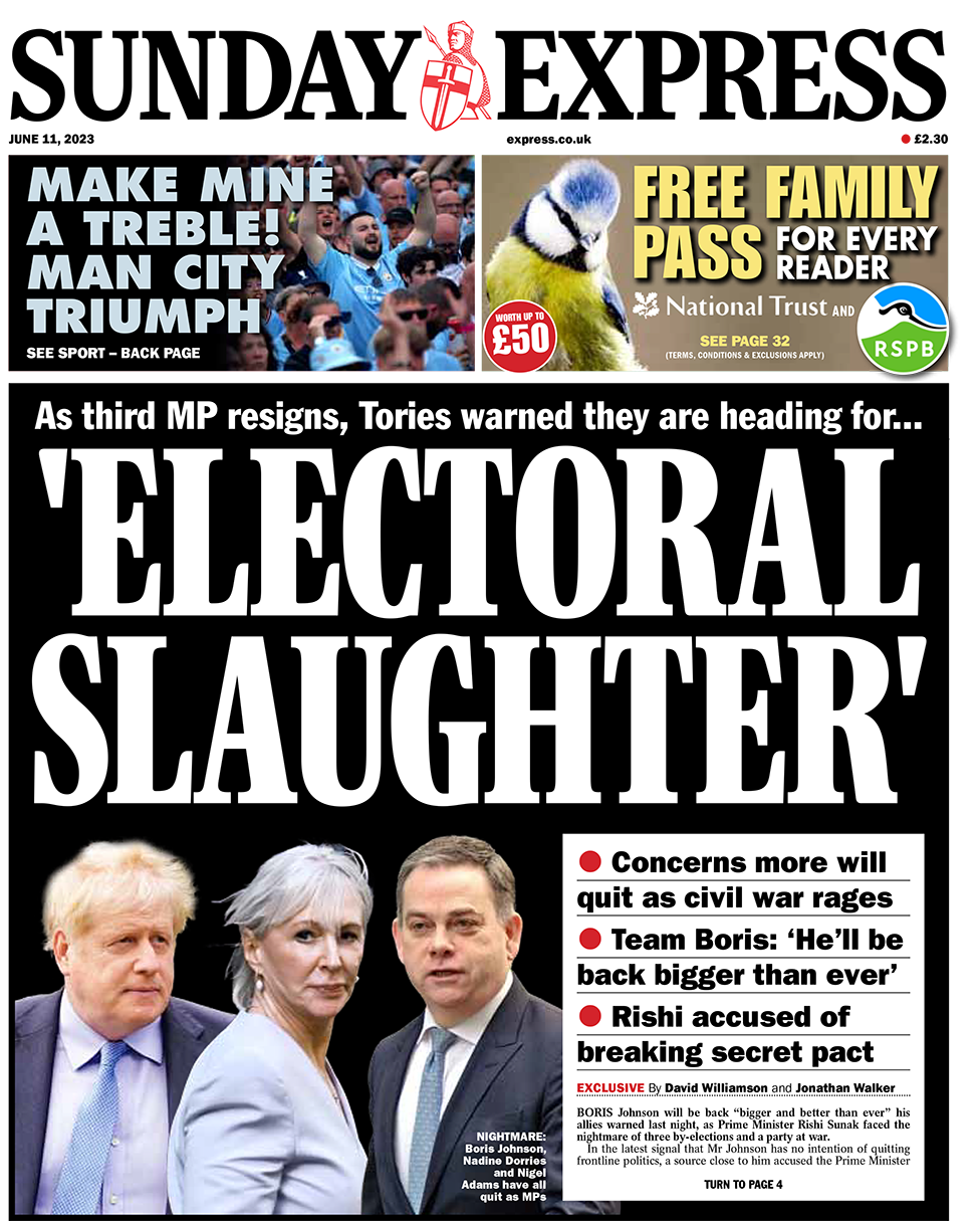 The headline in the Sunday Express reads 'Electoral Slaughter'