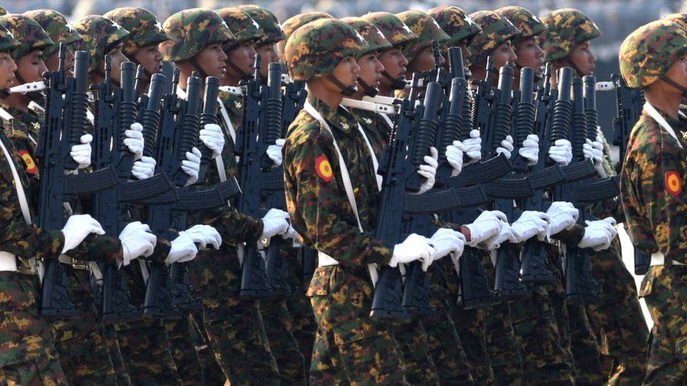 Members of the Myanmar military take part in a parade to mark the country's 78th Armed Forces Day in Naypyidaw on March 27, 2023.