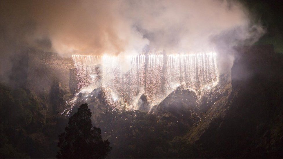 Waterfall made using fireworks