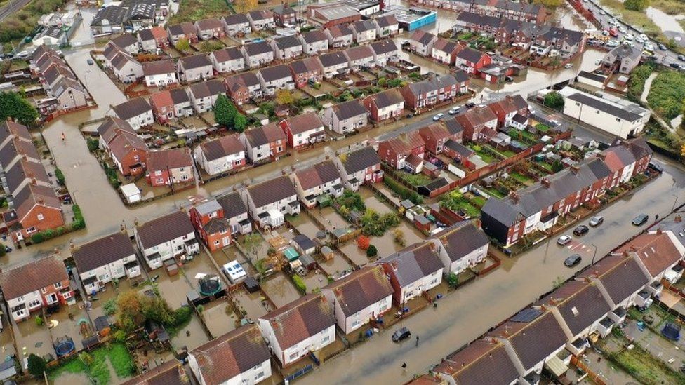 Aerial view of flooded streets in Doncaster