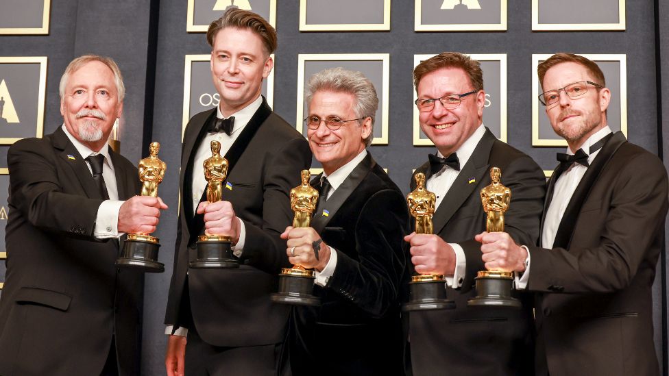 Doug Hemphill, Theo Green, Mark Mangini, Ron Bartlett and Mac Ruth, winners of the Oscar for Best Sound for "Dune" in the Photo Room during the 94th Academy Awards at the Dolby Theatre at Ovation Hollywood on Sunday, March 27, 2022
