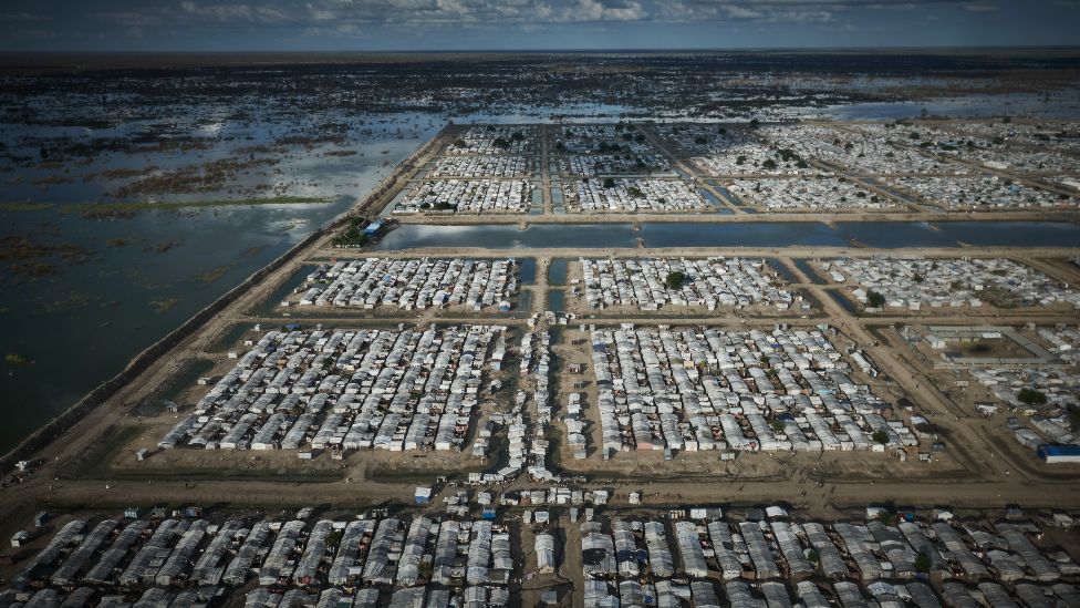 An aerial view of the camp for displaced people in Bentiu, South Sudan