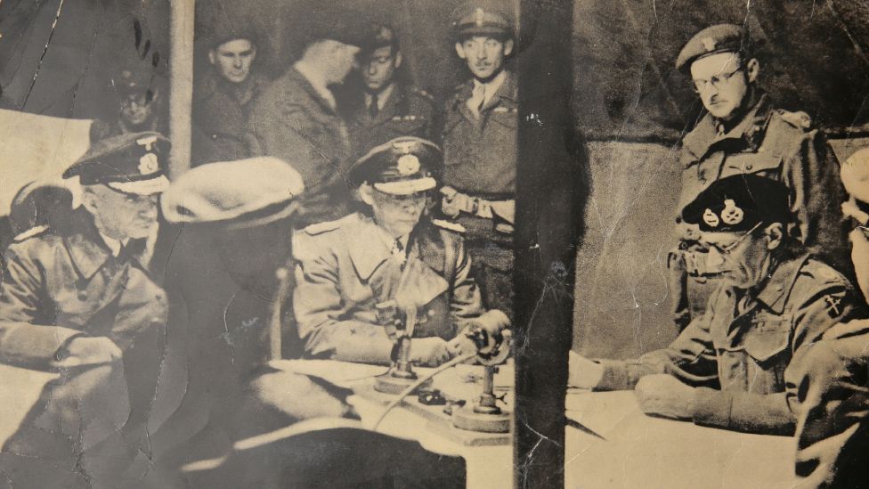 Derek Knee - standing to the right in the beret - was interpreter for Field Marshal Montgomery at the German surrender in May 1945