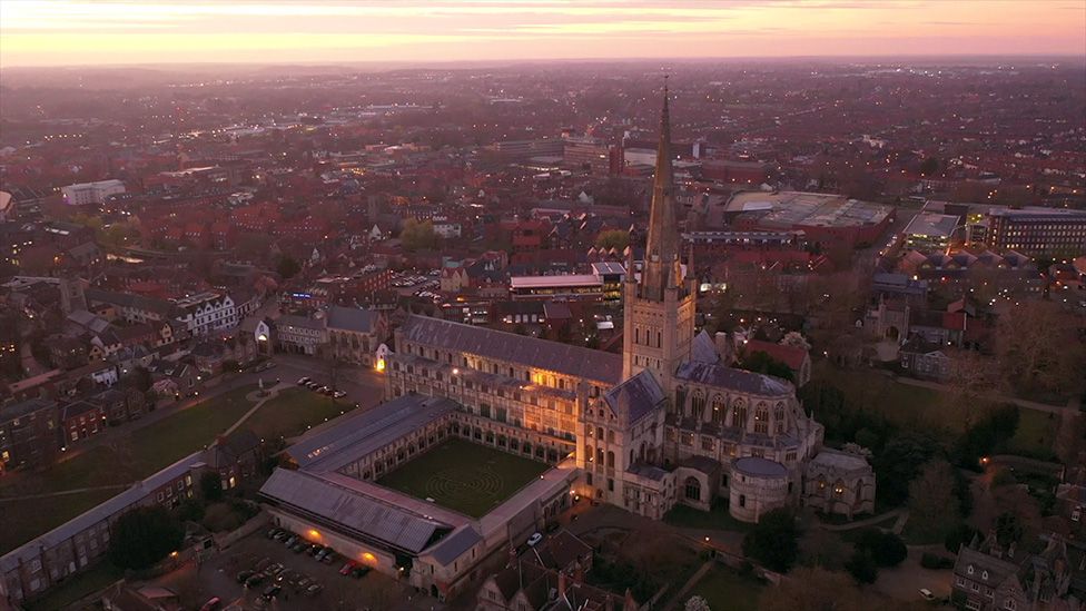 Aerial image of Norwich Cathedral at sunset