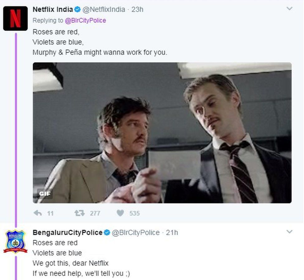 Tweet from Netflix with an image showing two police officers in its TV show and the words "Roses are red, violets are blue, Murphy and Pena might wanna work for you".