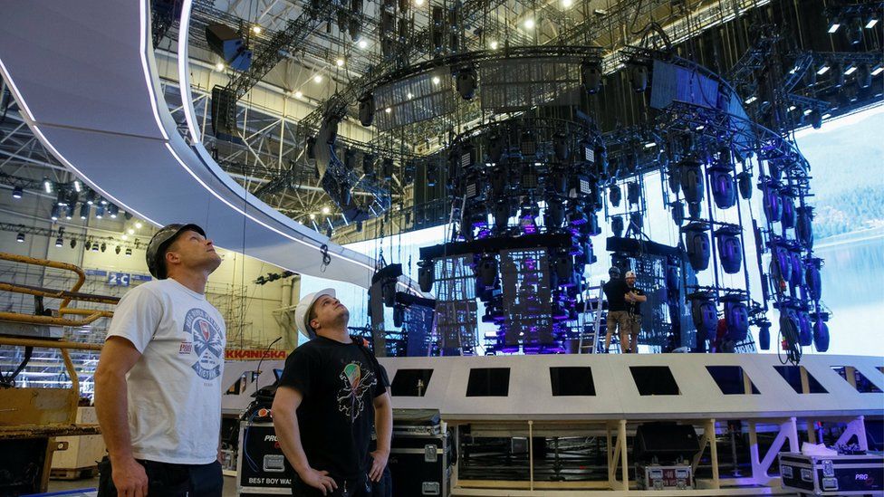 Workers prepare the stage for the Eurovision Song Contest 2017 at the International Exhibition Centre in Kiev, Ukraine, April 11, 2017