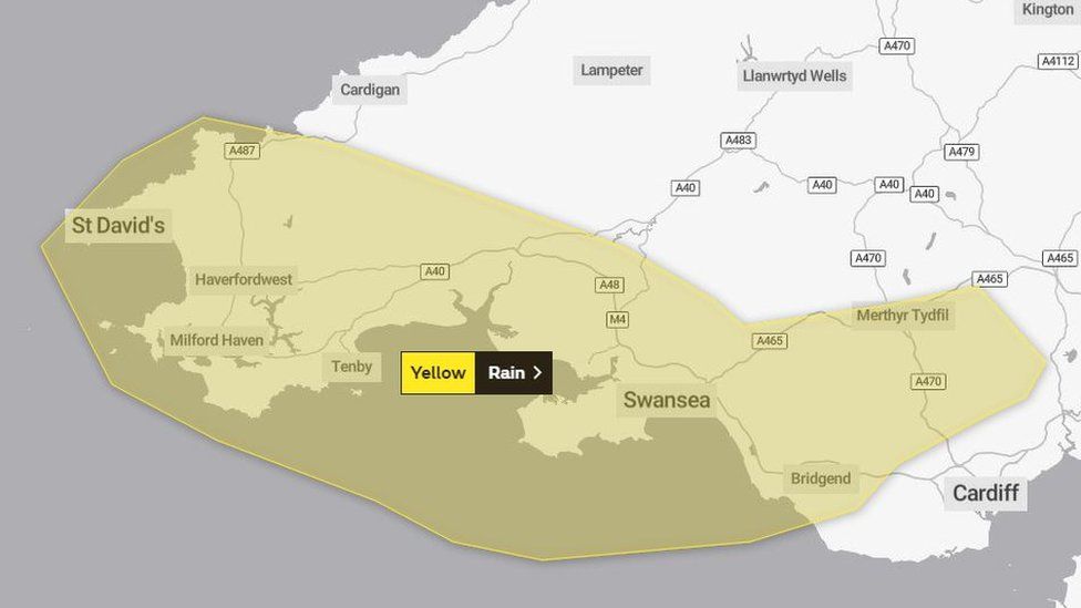 Map showing yellow warning