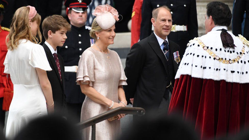 Lady Louise Windsor, James, Viscount Severn, Sophie, Countess of Wessex, and Prince Edward, Earl of Wessex, arrive at the National Service of Thanksgiving at St Paul's Cathedral