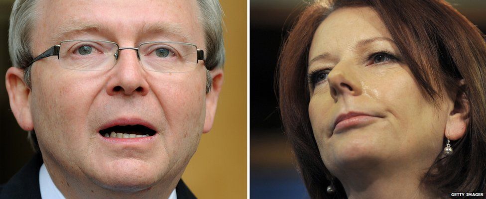 This combo shows photo of Australian Prime Minister Julia Gillard (R) in Melbourne on August 6, 2010 and former Australian Prime Minister Kevin Rudd (L) shedding a tear as he steps down as prime minister, in Canberra on June 24, 2010