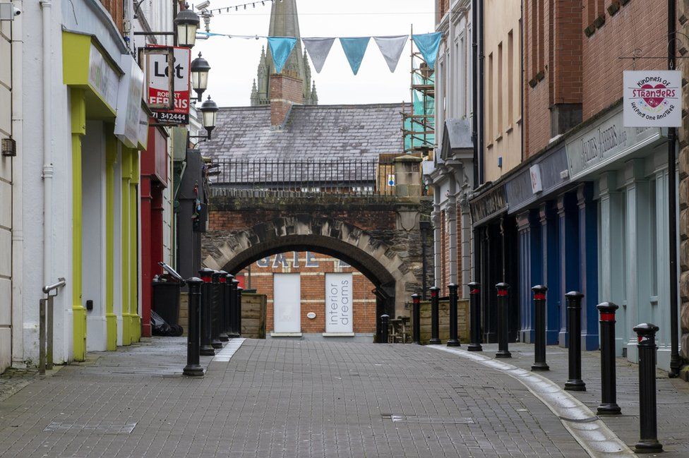 A deserted shopping street in Londonderry