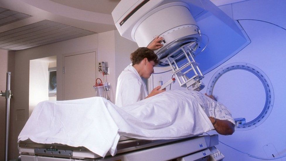 patient in radiation unit undergoing treatment for cancer. Christ Hospital, Cincinnati, Ohio
