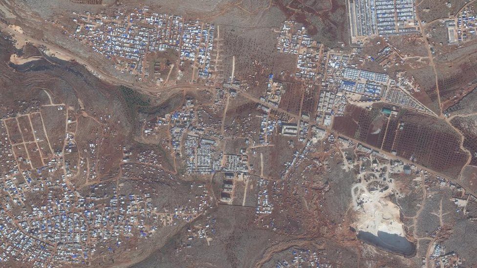 Satellite images from 2 December 2019 showing a camp for displaced people in northern Idlib province, Syria