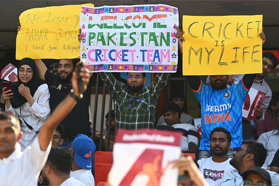 A fan holds a sign reading "Welcome Pakistan cricket team" during the ICC Men's Cricket World Cup India 2023 between Pakistan and Netherlands at Rajiv Gandhi International Stadium on October 06, 2023 in Hyderabad, India