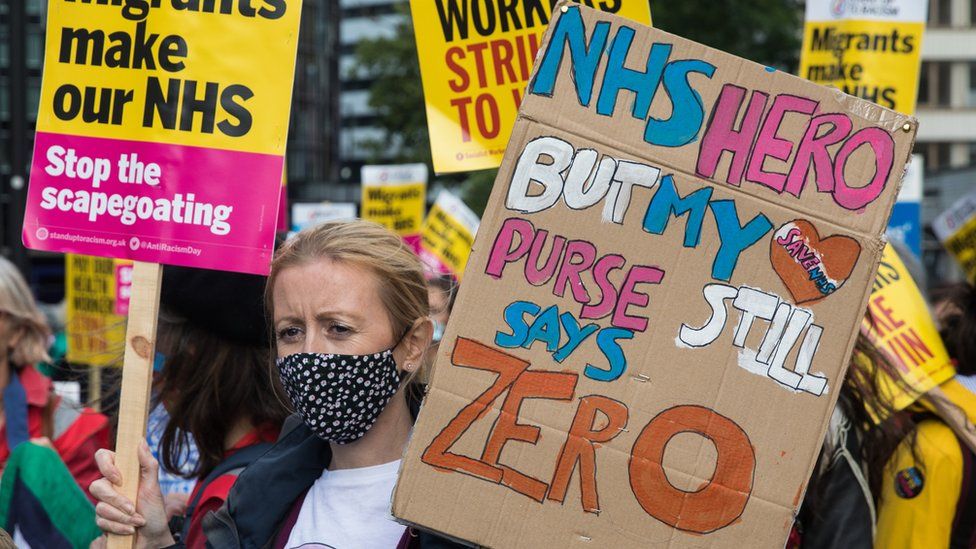 Сотрудники NHS маршируют на Даунинг-стрит в знак протеста против повышения заработной платы на 3% в Лондоне
