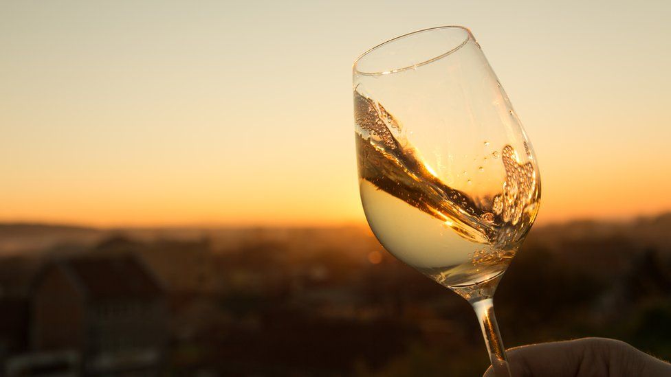 wine glass seen against sunset backdrop