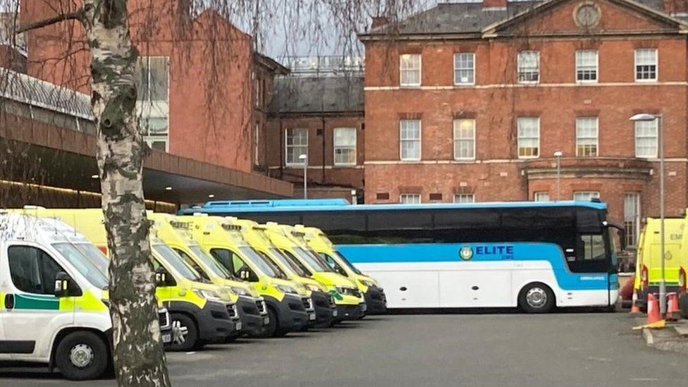 A bus and tent set up as an emergency treatment area outside Leicester Royal Infirmary